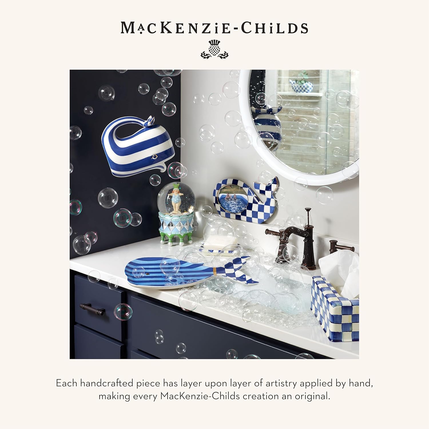 MACKENZIE-CHILDS Tissue Box Cover Square Blue-and-White Royal Check