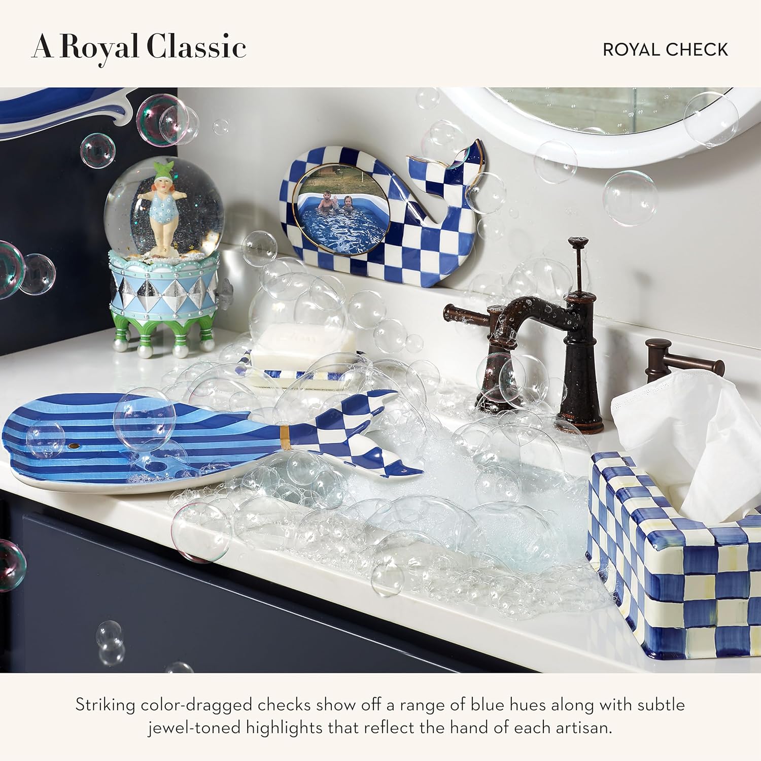 MACKENZIE-CHILDS Tissue Box Cover Square Blue-and-White Royal Check