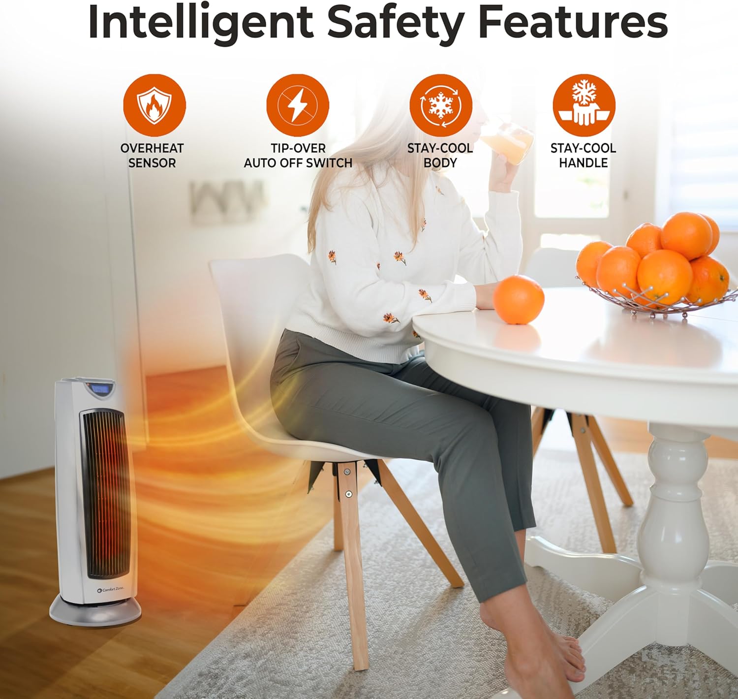 Comfort Zone 1500W Oscillating Tower Space Heater with Remote