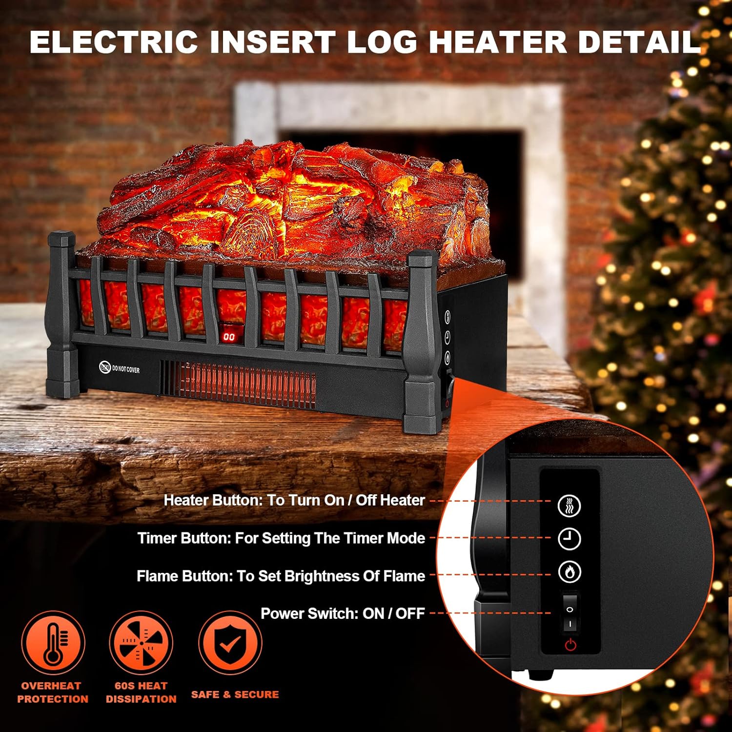 Riseon Electric Fireplace Logs with Remote Control 5 Flame Levels