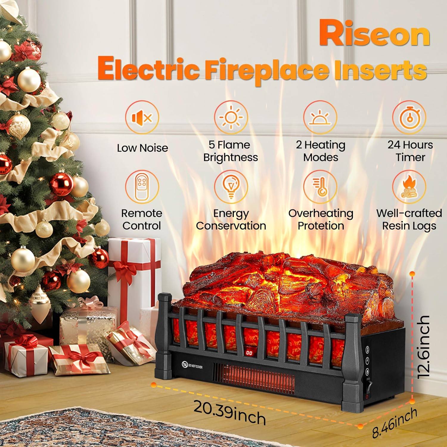 Riseon Electric Fireplace Logs Heater with Remote