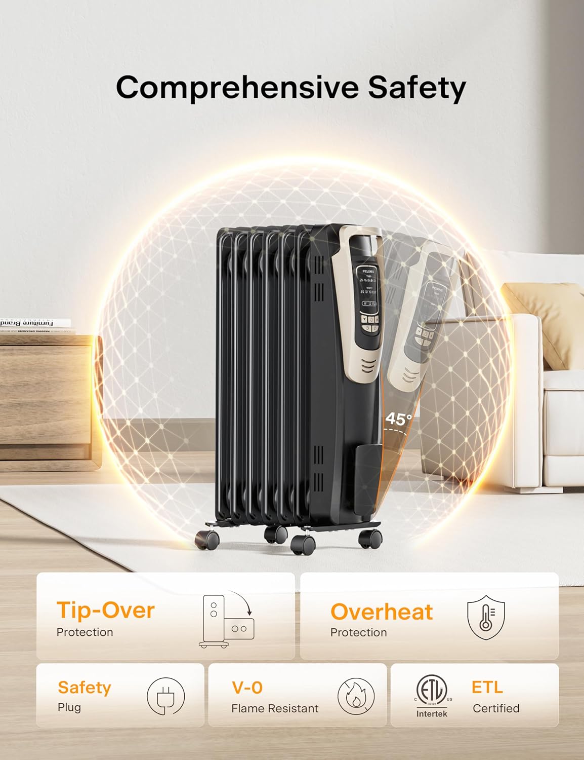 PELONIS Champagne Oil Filled Radiator Heater with Remote Control and Thermostat