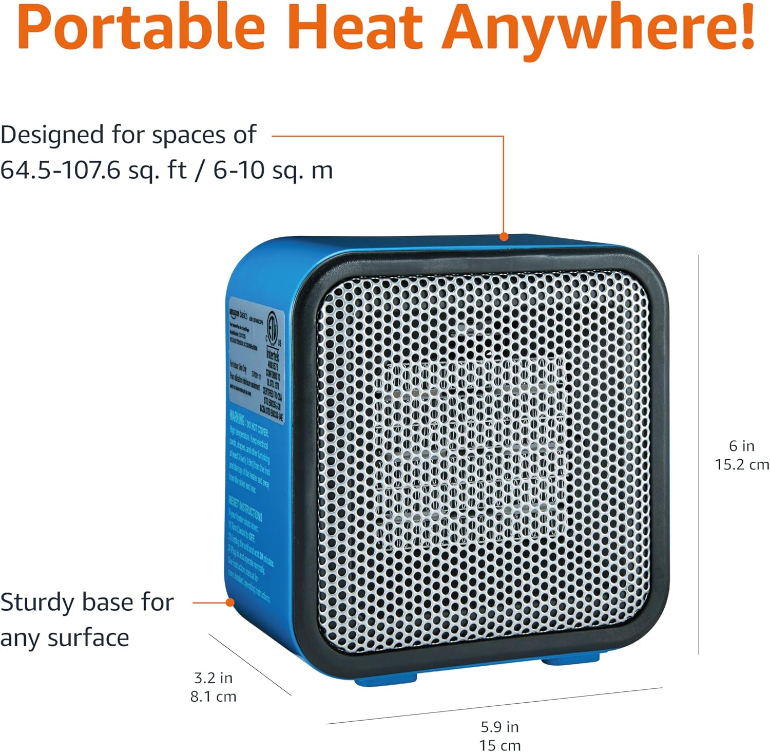 Amazon Basics 500W Ceramic Space Heater Blue Compact Lightweight Safe