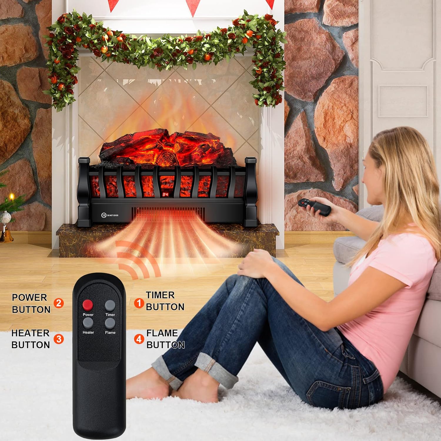 Riseon Electric Fireplace Logs with Remote Control 5 Flame Levels