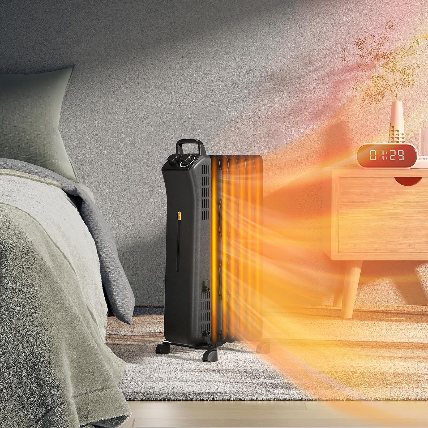 S AFSTAR 1500W Electric Oil Heater with 3 Heat Settings and Safety Features