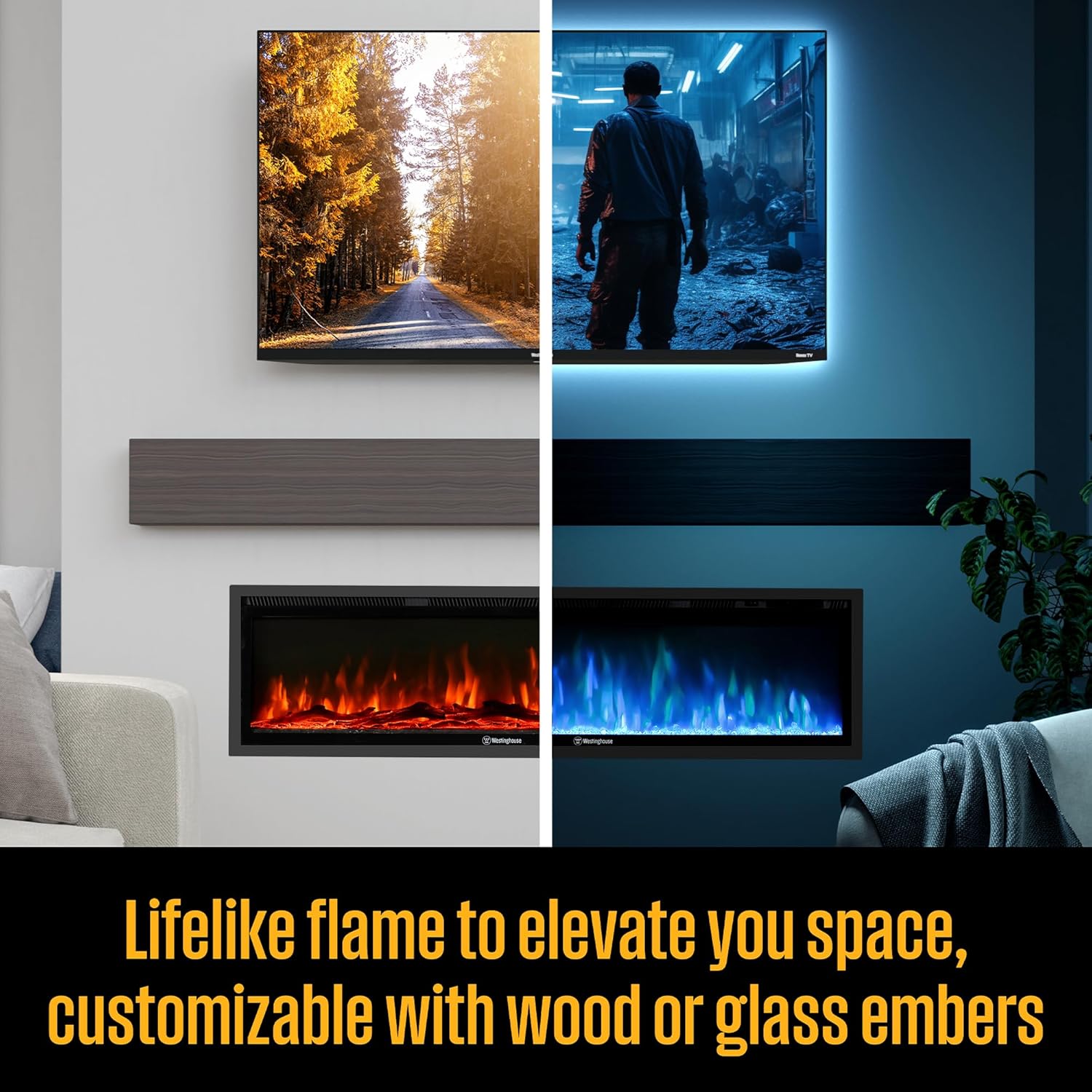 Westinghouse 50 Inch Electric Fireplace Heater with Alexa Google Home Compatibility