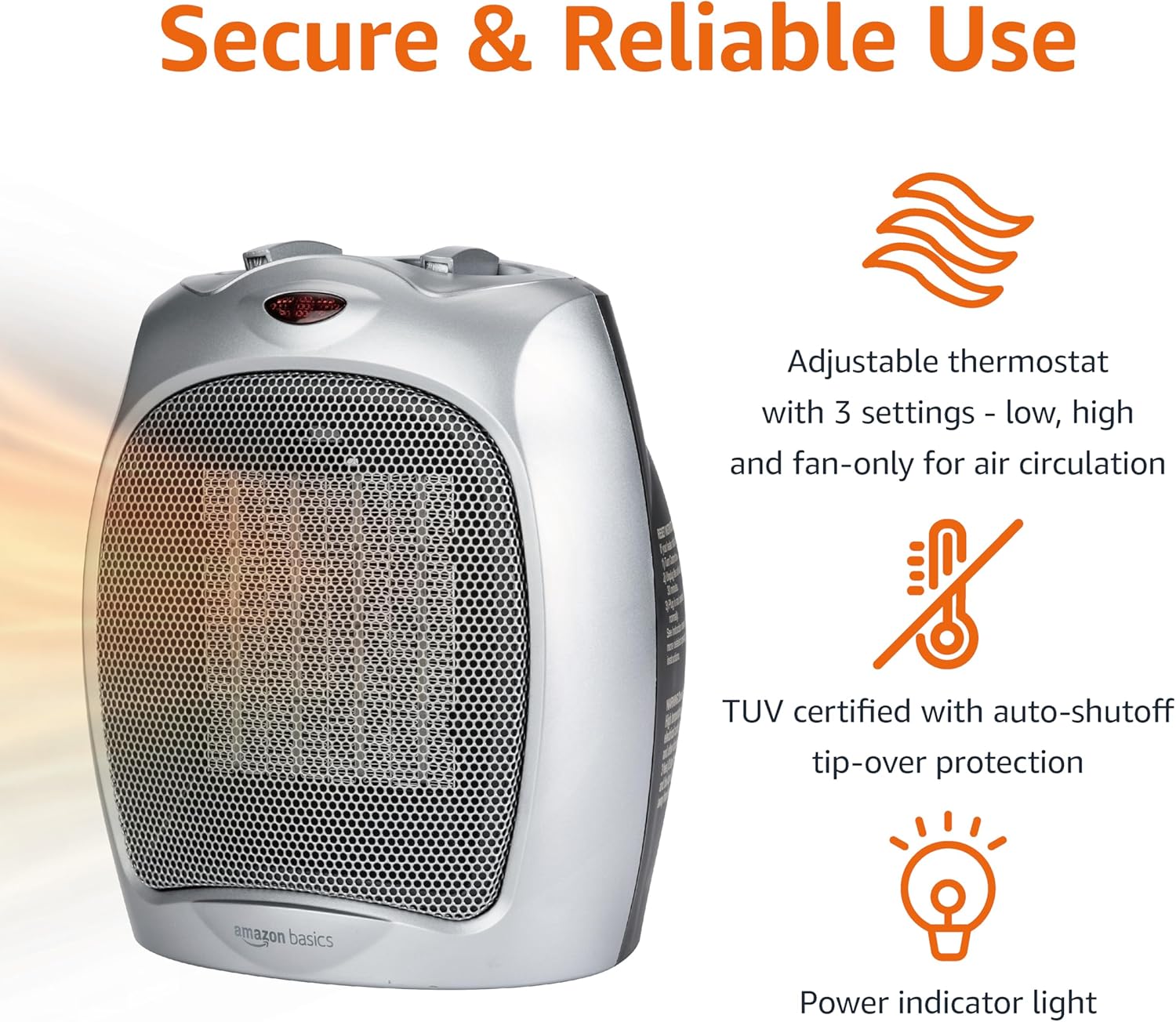 Amazon Basics Ceramic Space Heater with 3 Heat Settings and Safety Protection