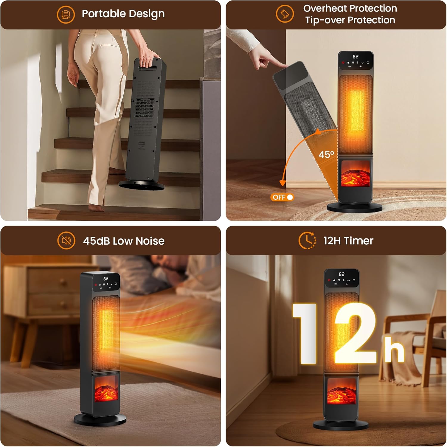Riseon 1500W Electric Fireplace Heater with Remote Child Lock and 3D Flame