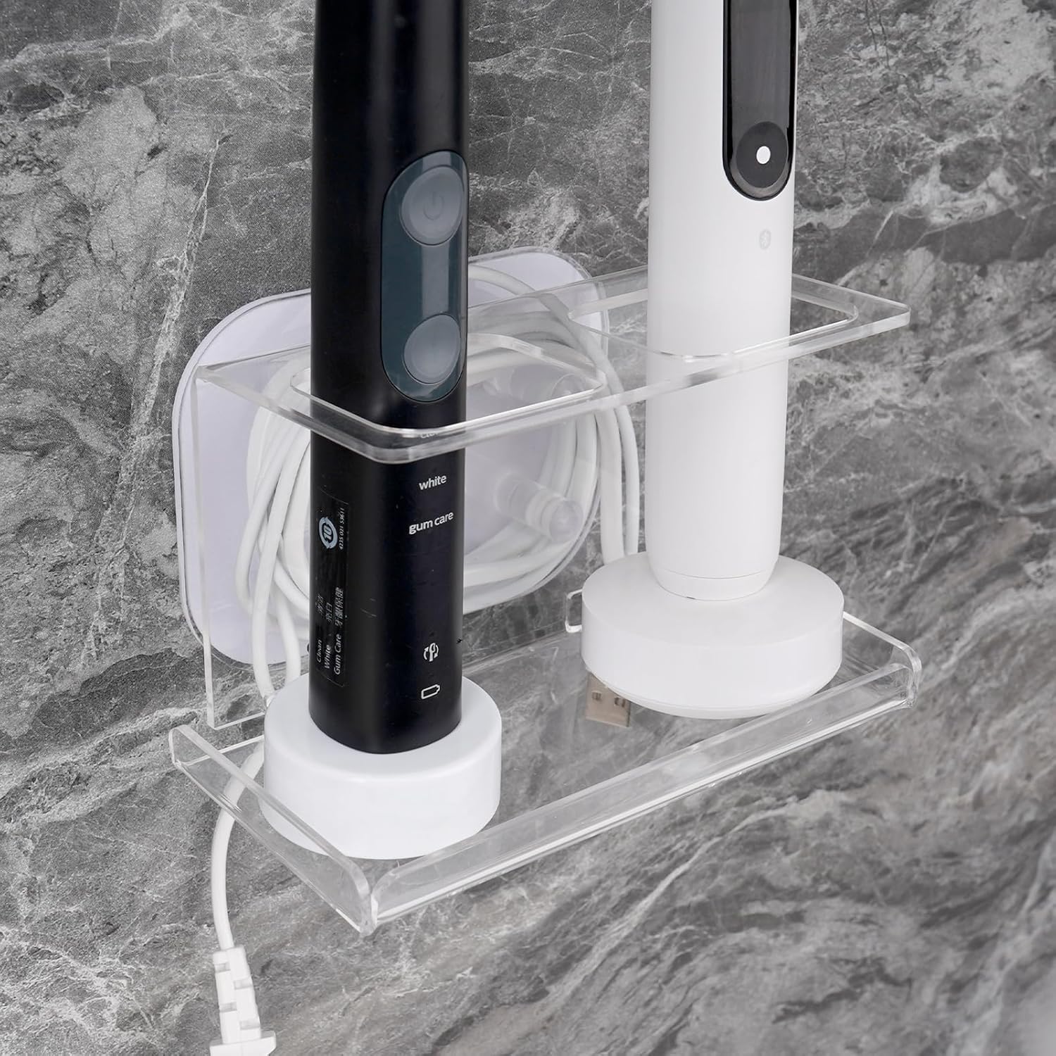 Electric Toothbrush Holder Wall Mounted with 2 Chargers and Cable Organizer